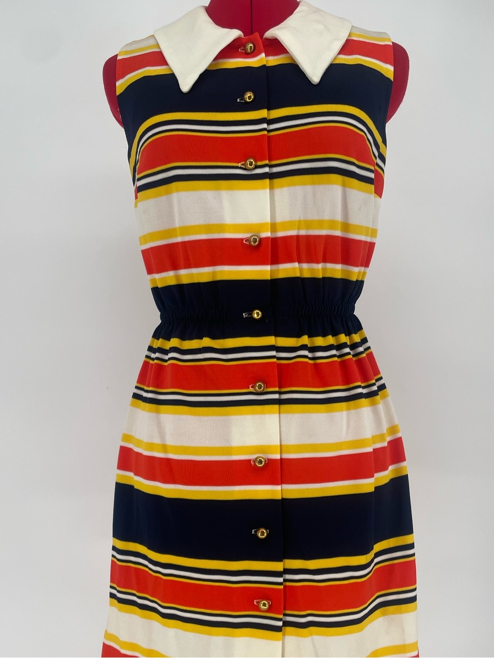 60s 70s Striped Vibrant / Primary Colors Sleeveless Collared Shirt Dress - Picture 4 of 16